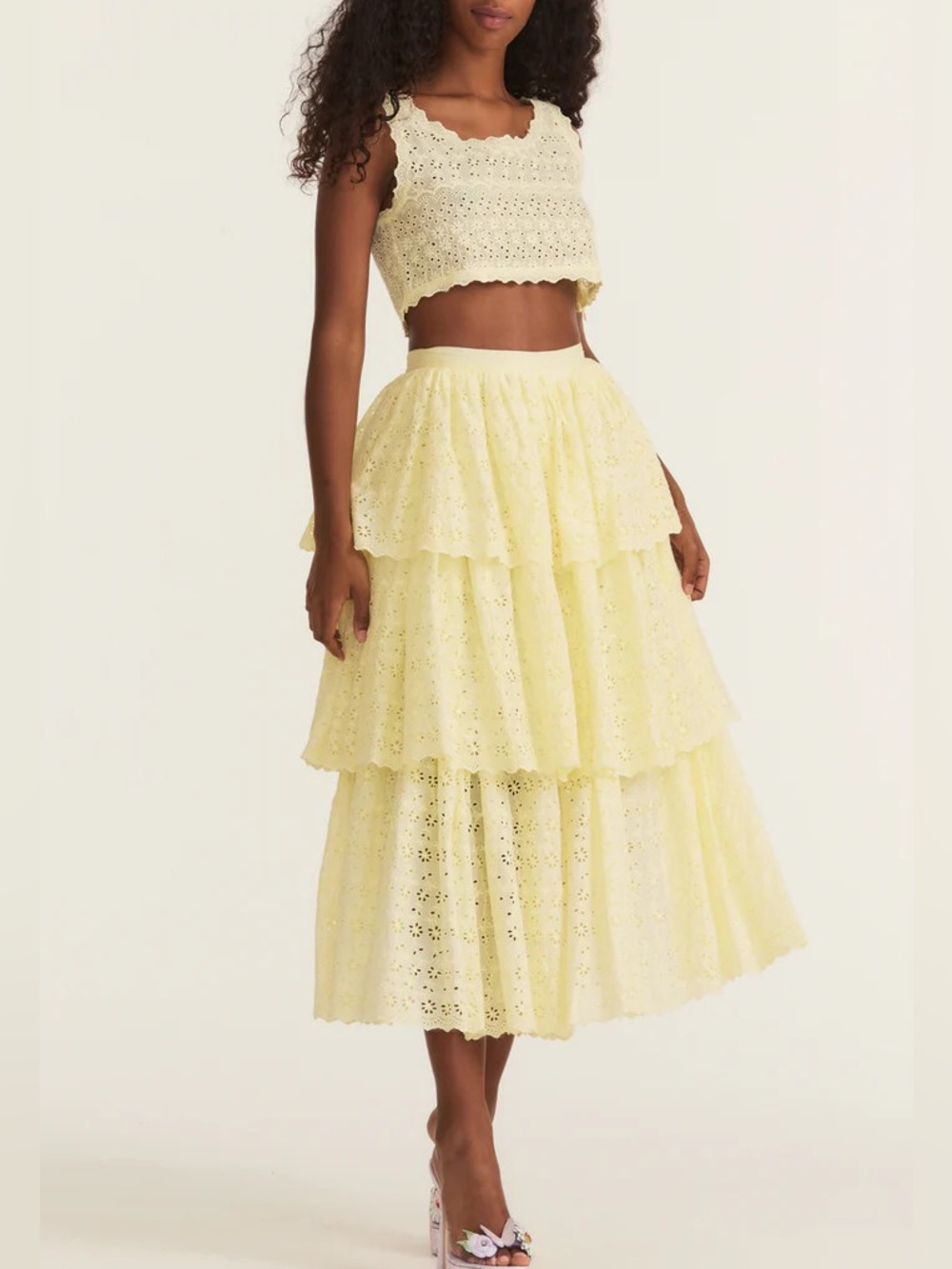 $495 LoveShackFancy Kasiana Midi Skirt Yellow Eyelet Tiered size 2 boho
